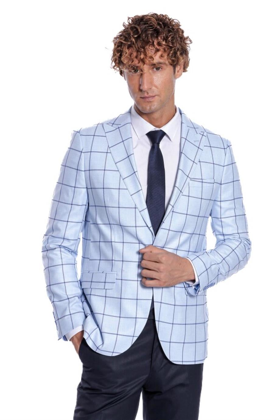Kare Desenli Slim Fit Açık Mavi Erkek Ceket