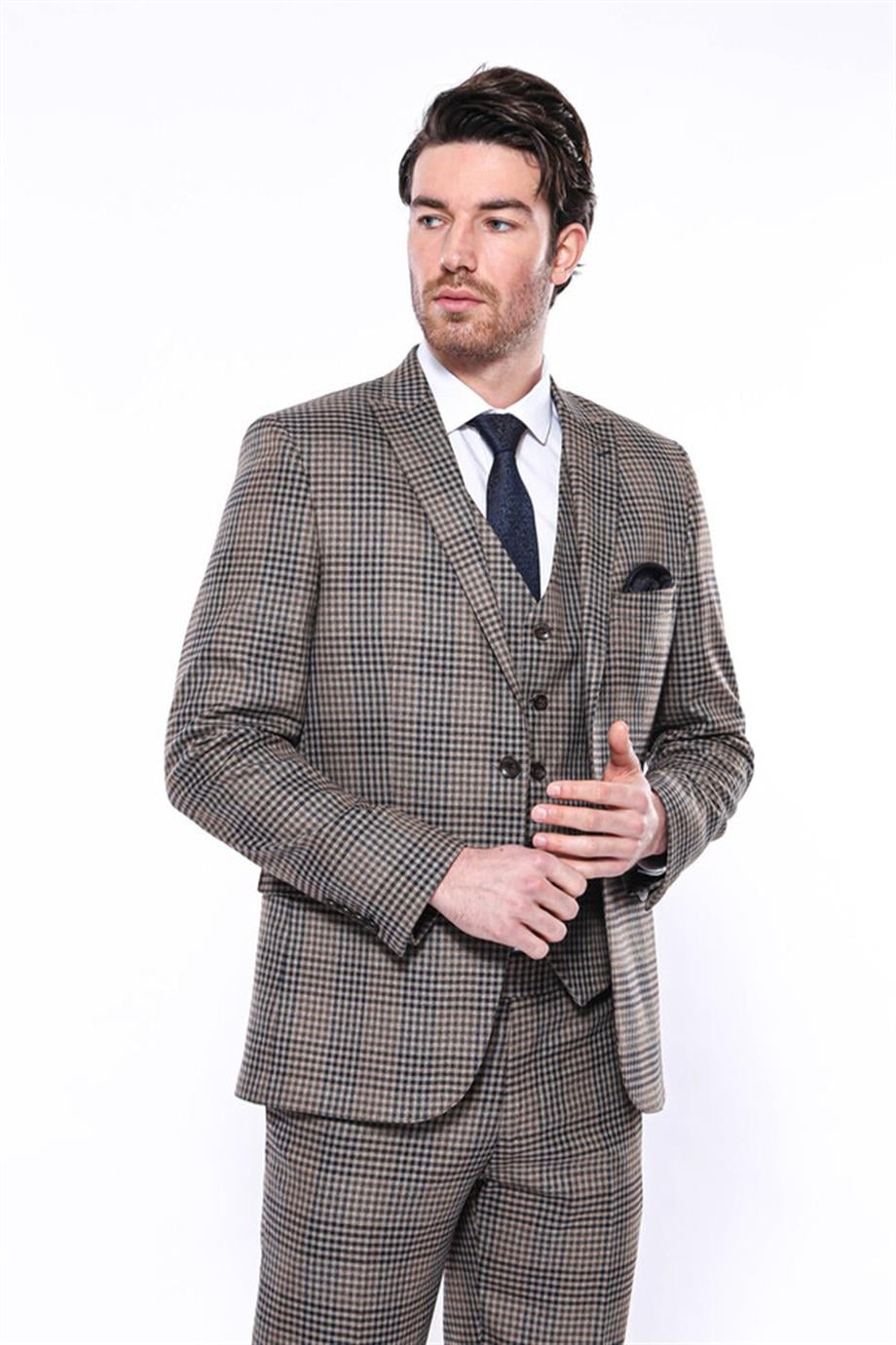 Kare Desenli Slim Fit Kahverengi Erkek Ceket
