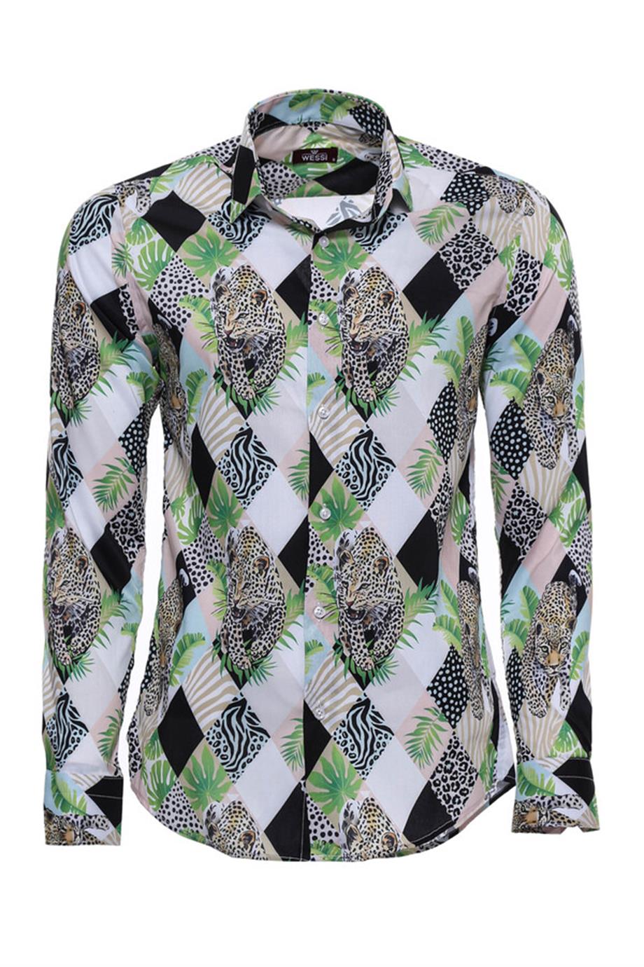 Karolu Leopar Desen Slim Fit Çok Renkli Erkek Gömlek
