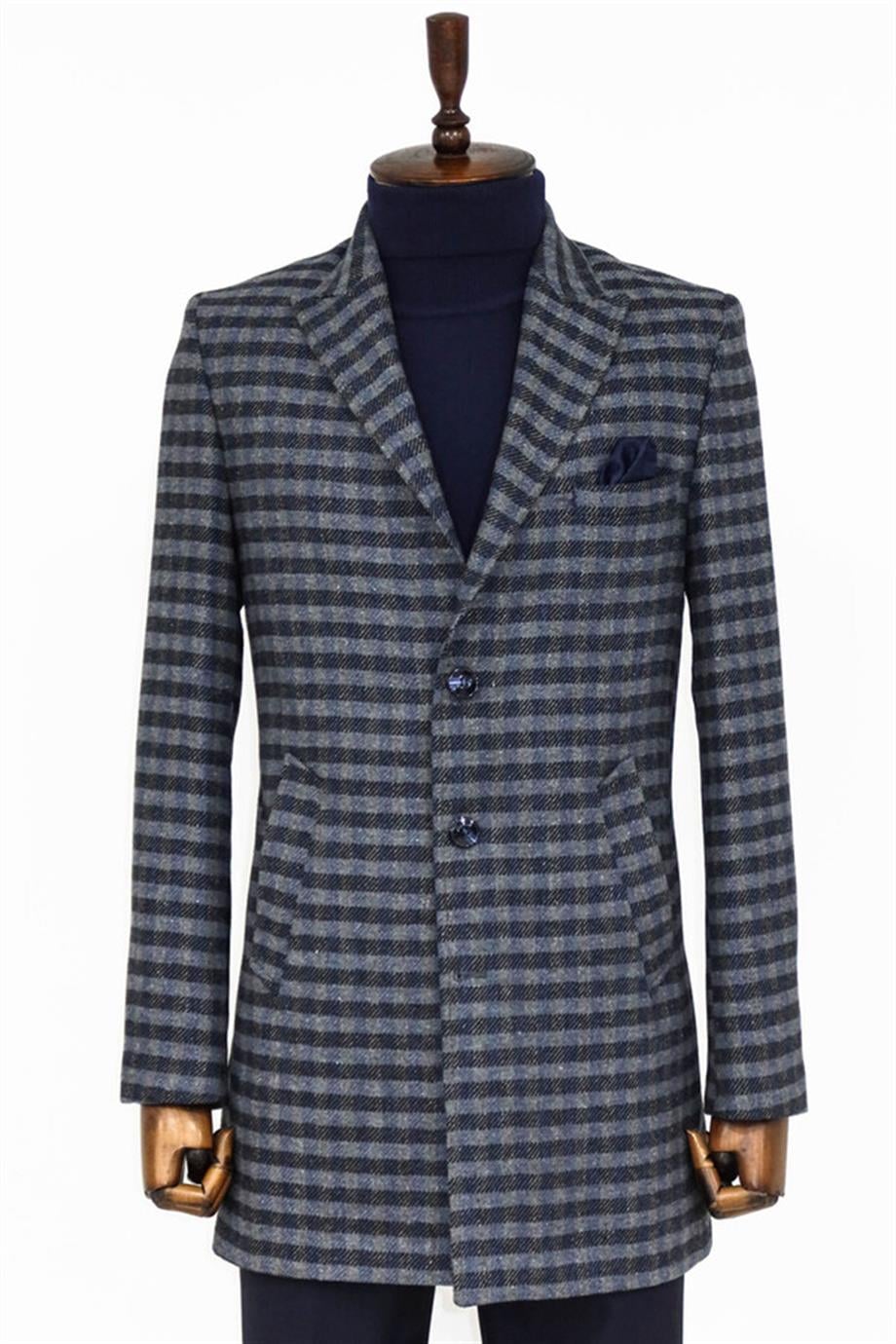 Kaşe Kareli Geniş Yaka Slim Fit Lacivert Erkek Palto