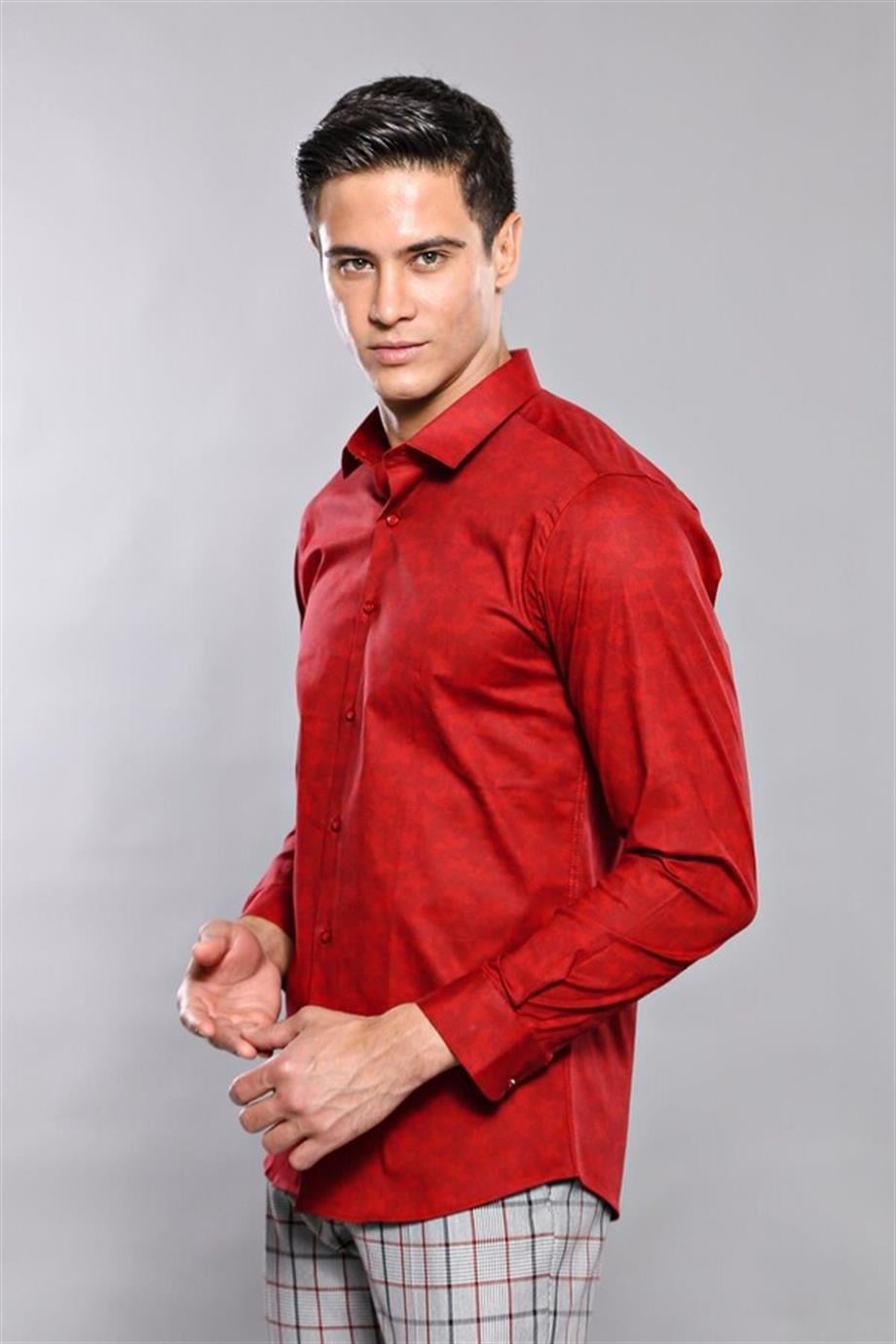 Kendinden Çiçek Desenli Bordo Slimfit Gömlek
