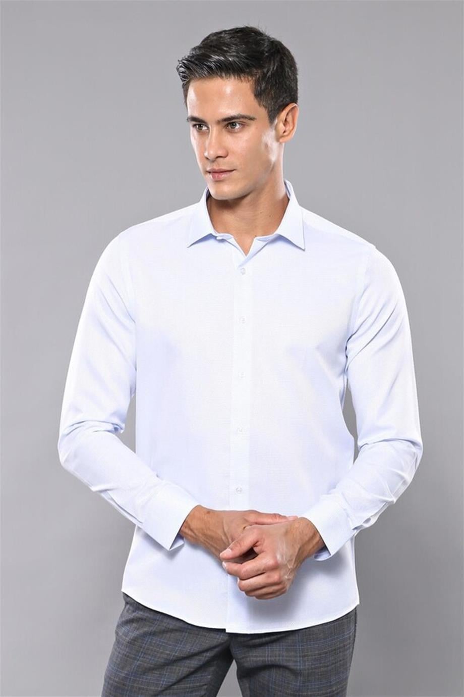 Kendinden Desenli Buz Mavi Slim Fit Gömlek | Wessi