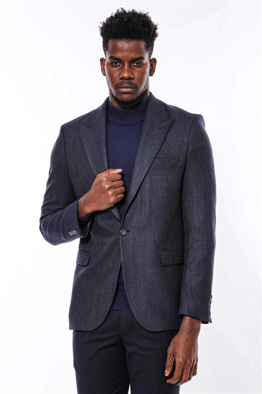 Kendinden Desenli Lacivert Slim Fit Ceket