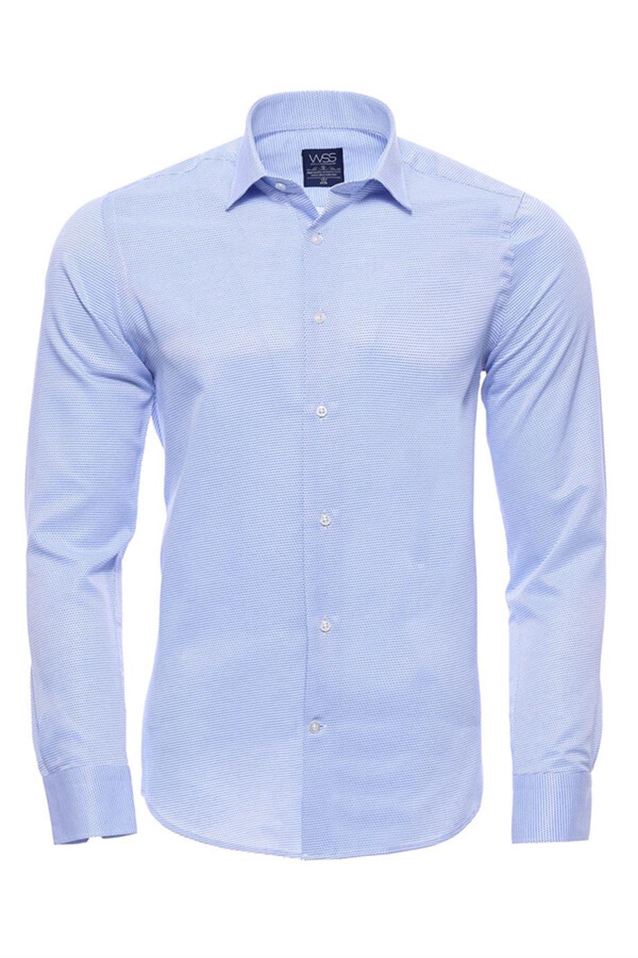 Kendinden Desenli Mavi Uzun Kollu Slim Fit Gömlek | Wessi