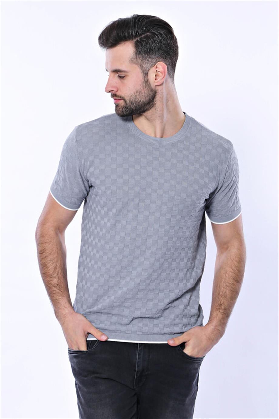 Kendinden Desenli Örme Gri Bisiklet Yaka T-shirt | Wessi