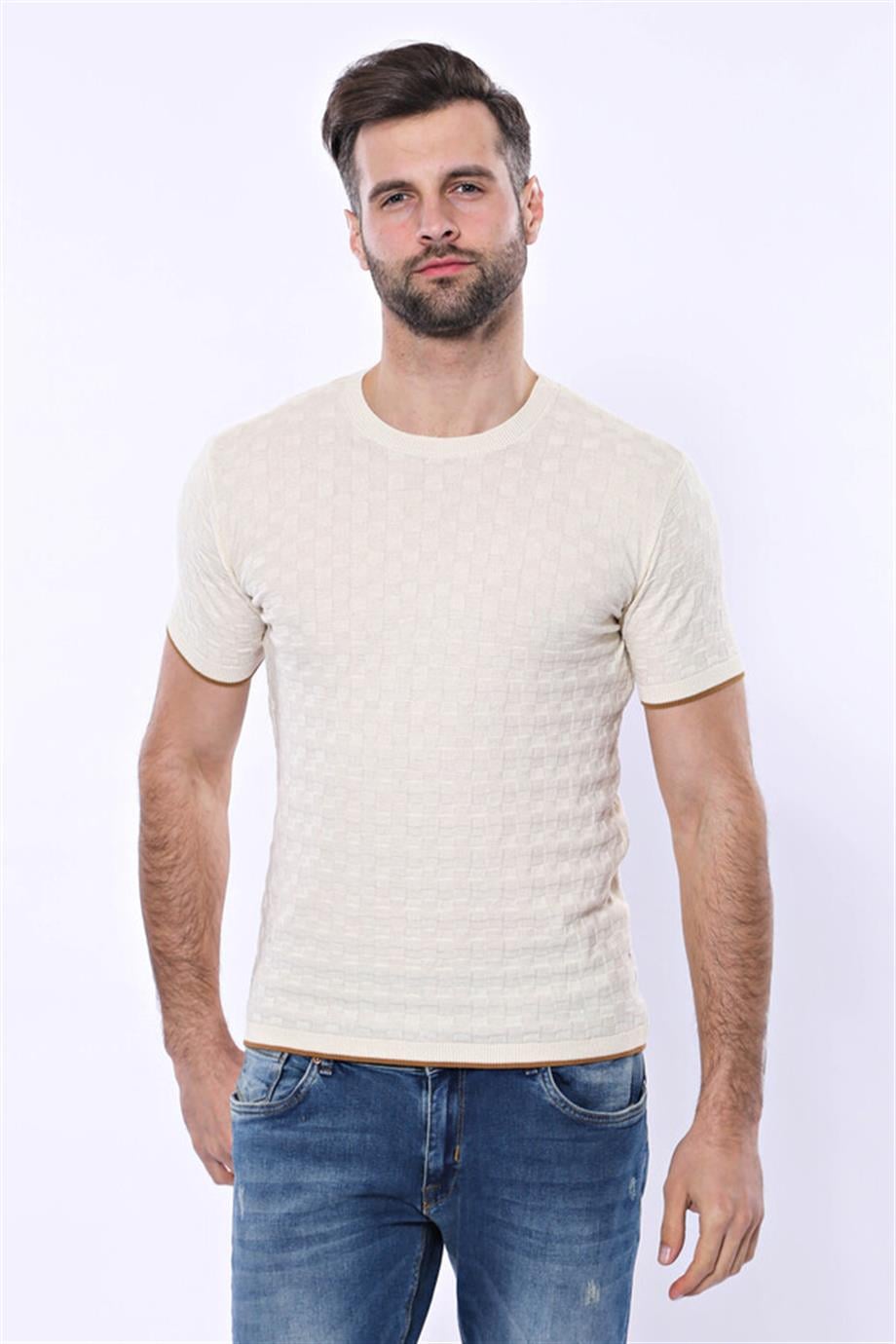Kendinden Desenli Örme Krem Bisiklet Yaka T-shirt | Wessi
