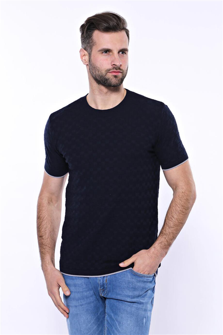 Kendinden Desenli Örme Lacivert Bisiklet Yaka T-shirt | Wessi