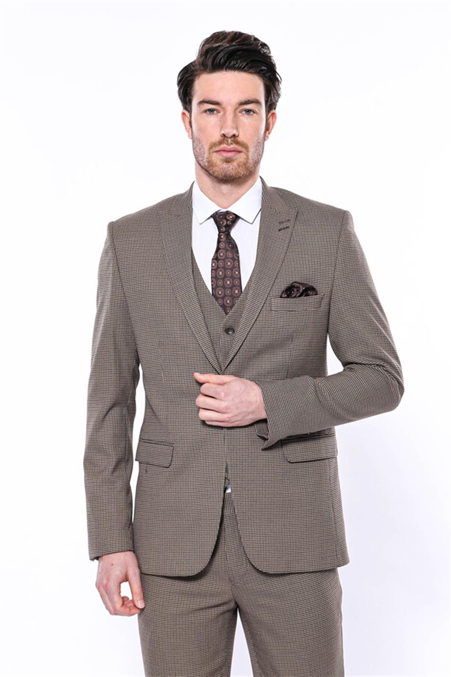 Kendinden Desenli Slim Fit Açık Kahverengi Erkek Ceket