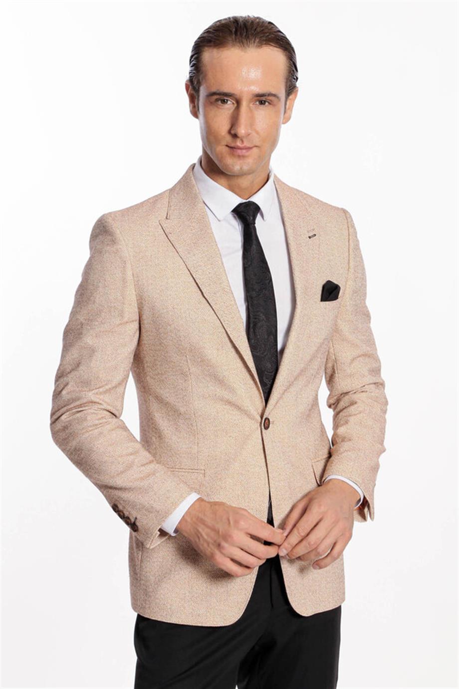 Kendinden Desenli Slim Fit Açık Sarı Erkek Ceket