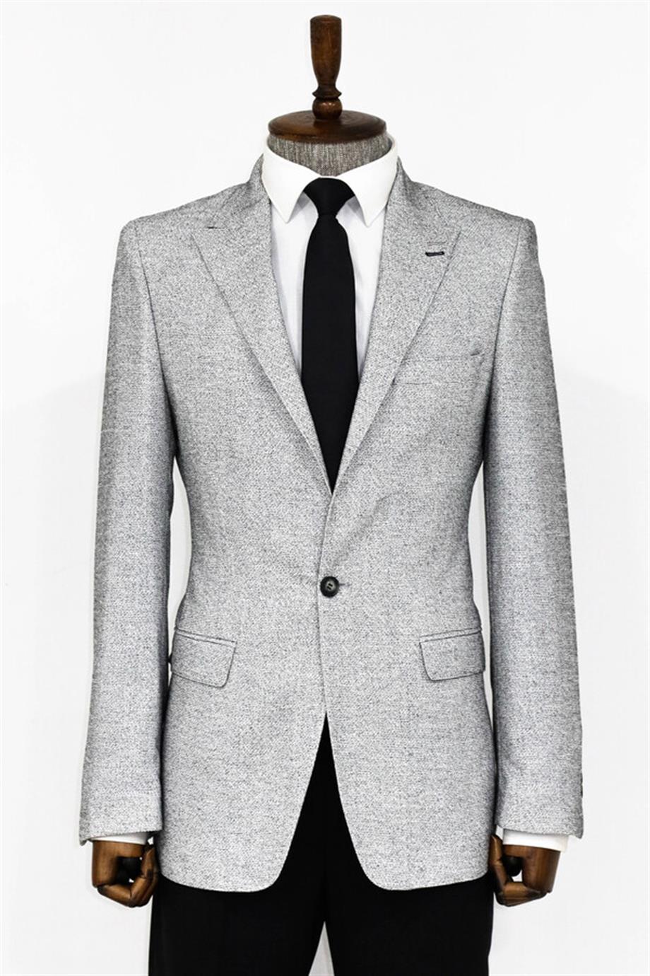 Kendinden Desenli Slim Fit Gri Erkek Ceket