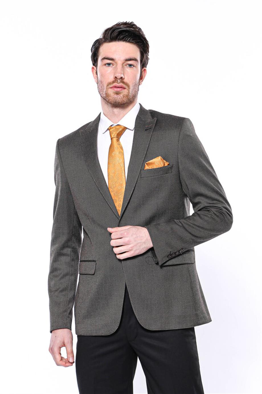 Kendinden Desenli Slim Fit Kahverengi Erkek Ceket