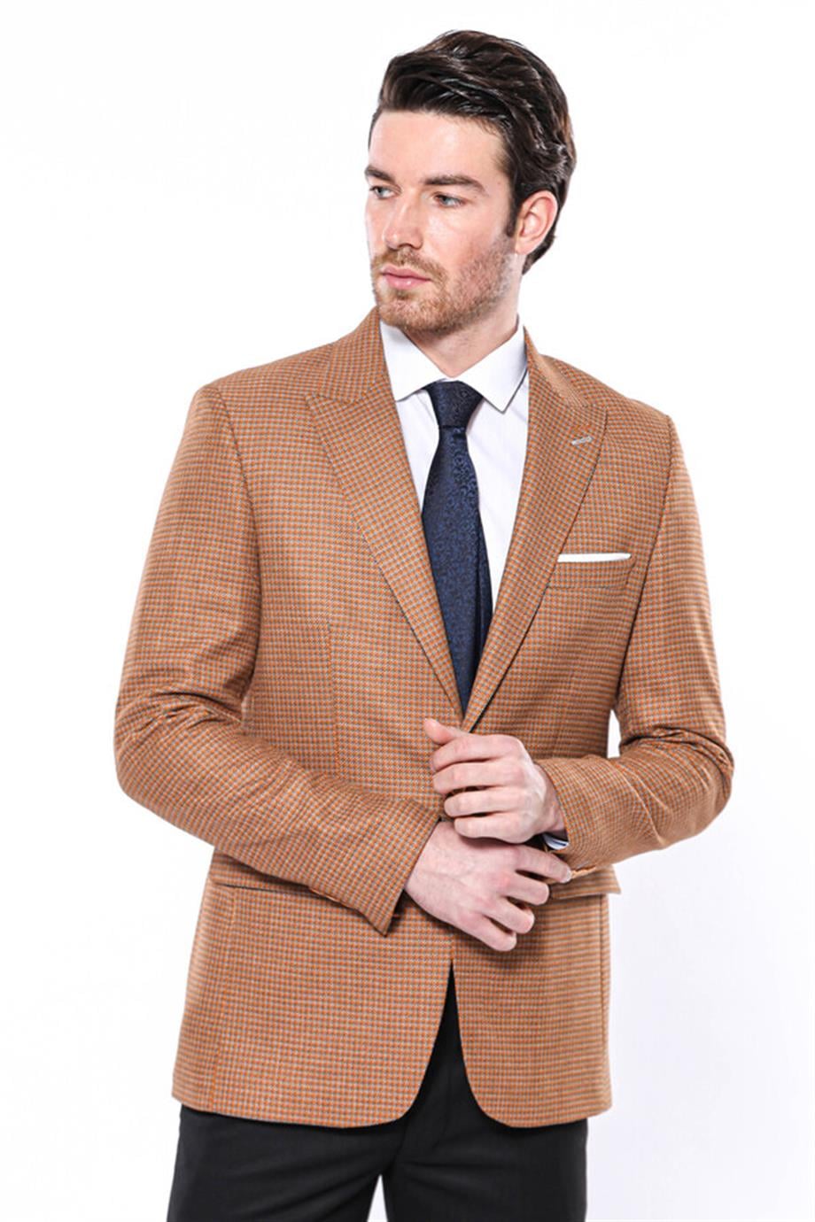 Kendinden Desenli Turuncu Slim Fit Ceket | Wessi