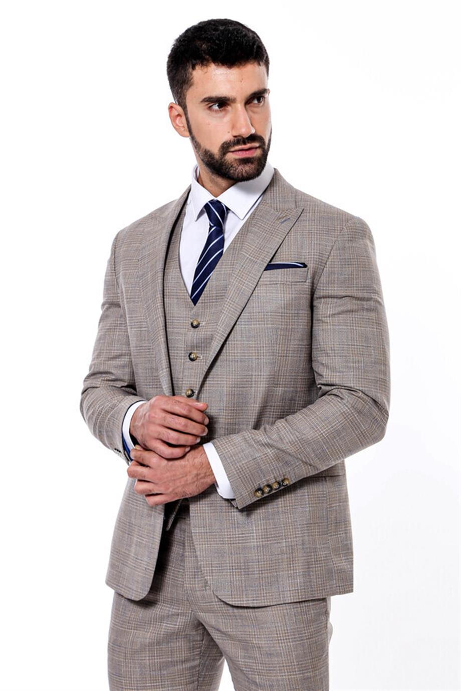 Kendinden Desenli Yelekli Slim Fit Bej Takım Elbise