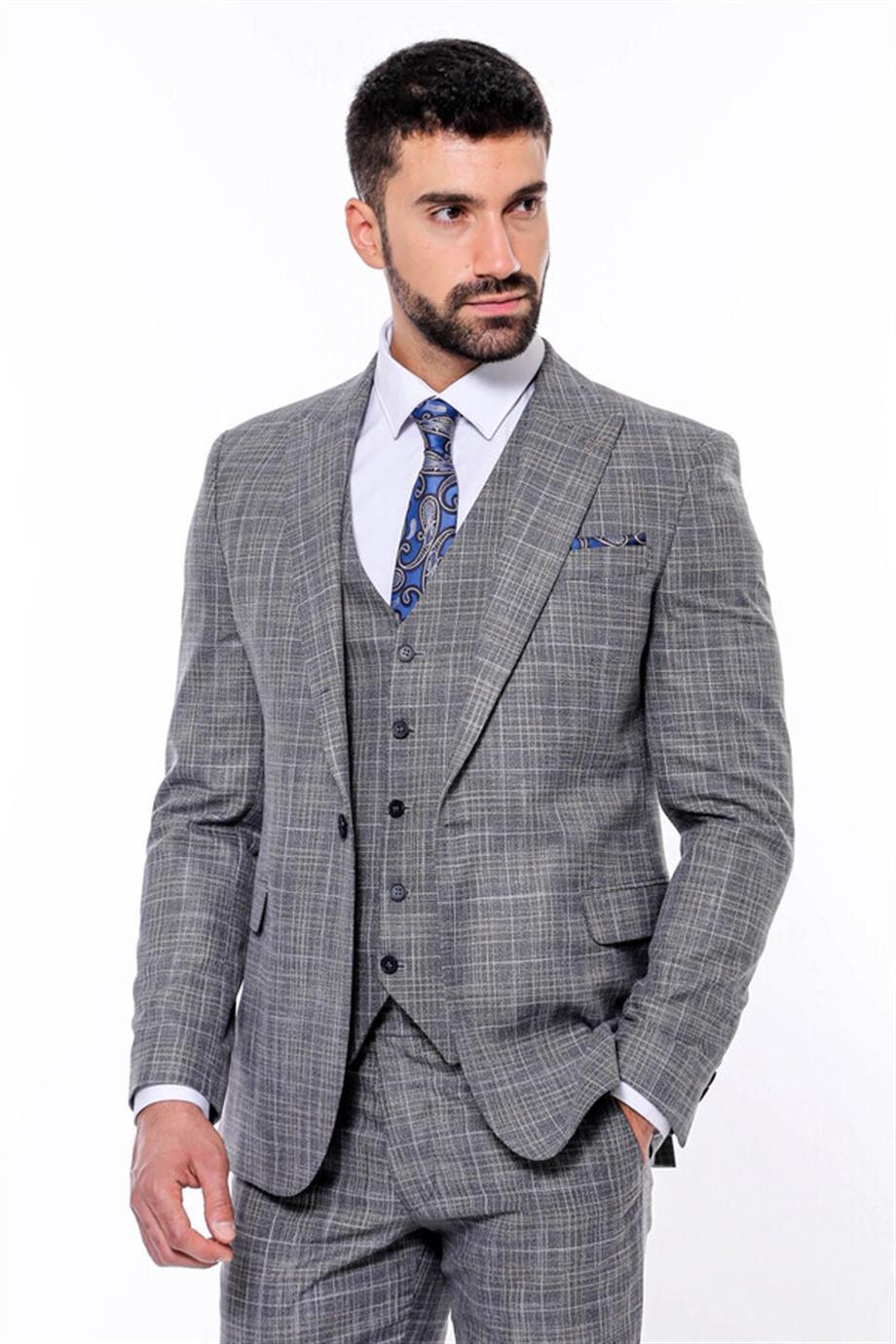 Kendinden Desenli Yelekli Slim Fit Füme Takım Elbise