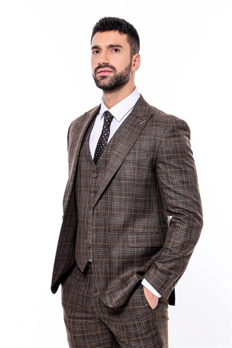 Kendinden Desenli Yelekli Slim Fit Kahverengi Takım Elbise