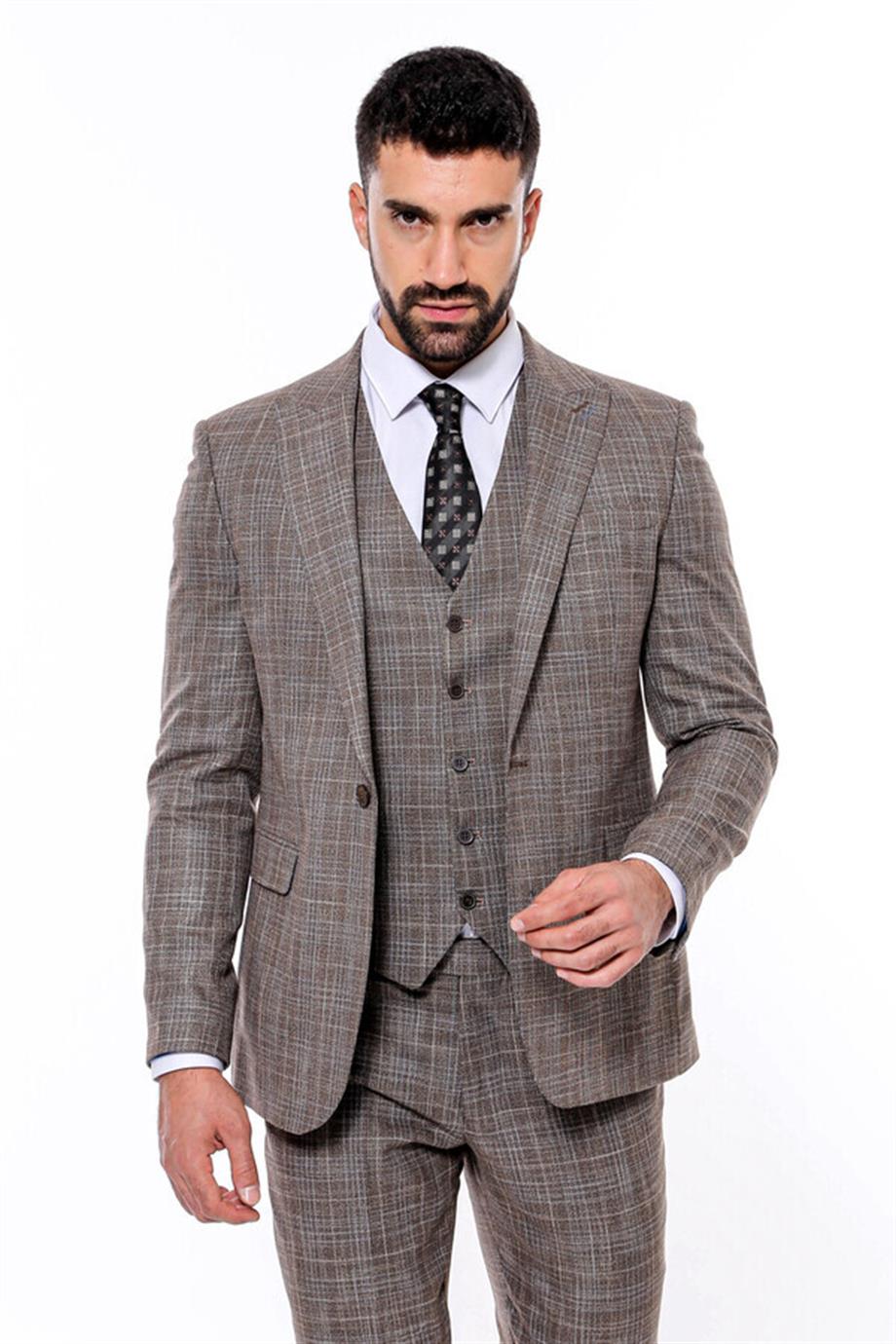 Kendinden Desenli Yelekli Slim Fit Koyu Bej Takım Elbise