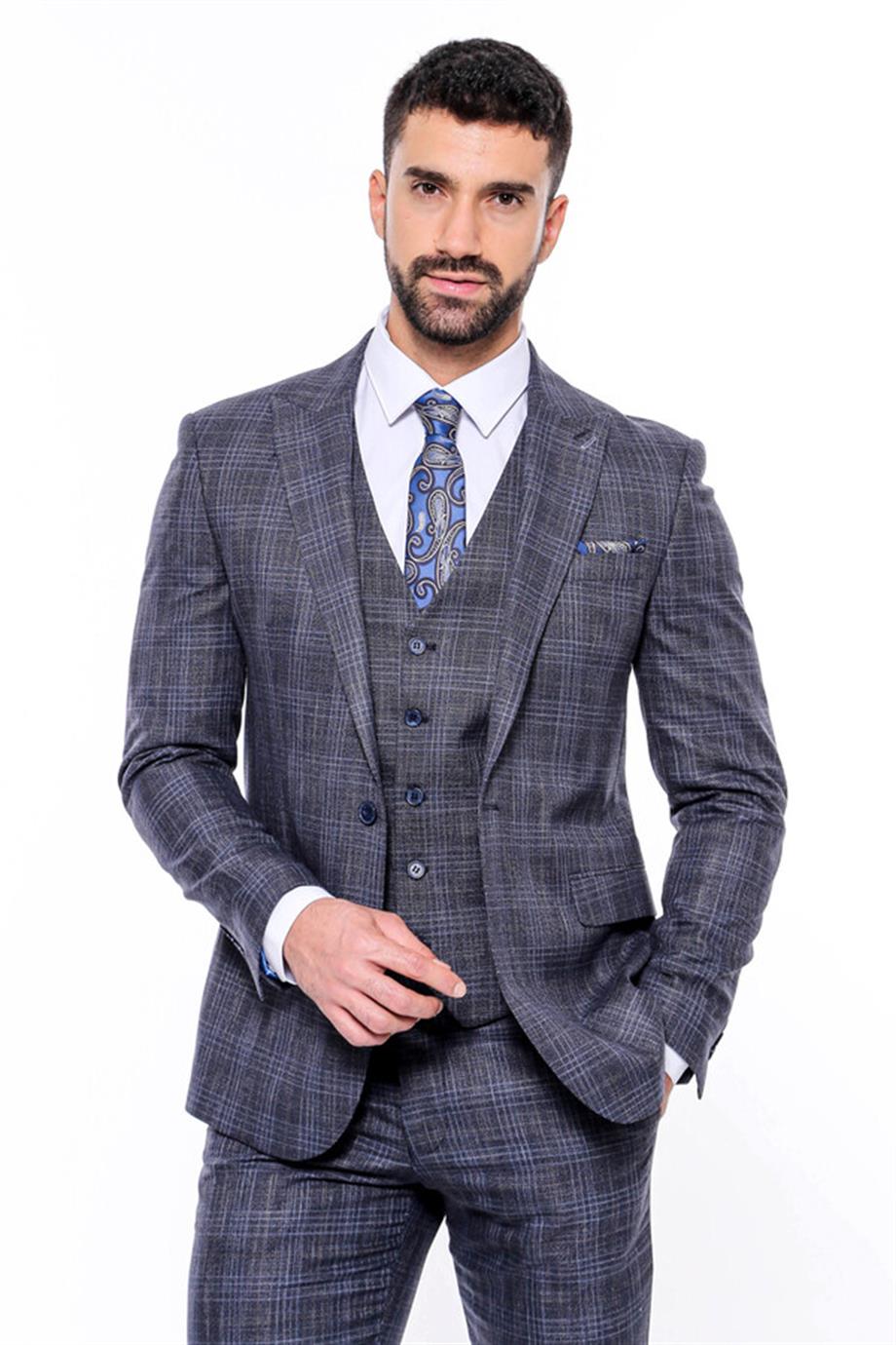 Kendinden Desenli Yelekli Slim Fit Lacivert Takım Elbise