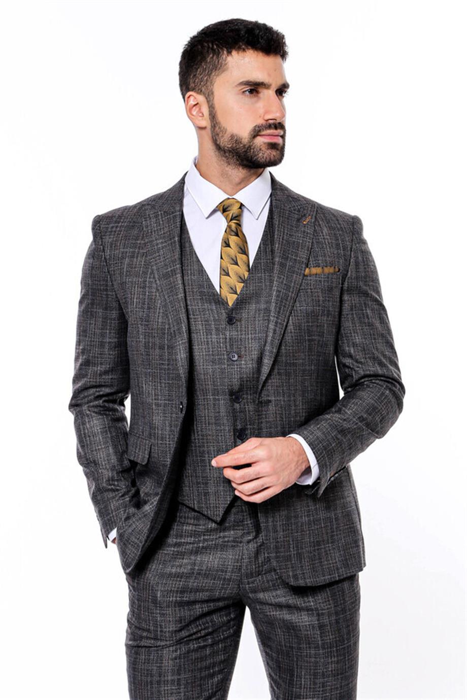 Kendinden Desenli Yelekli Slim Fit Siyah Takım Elbise