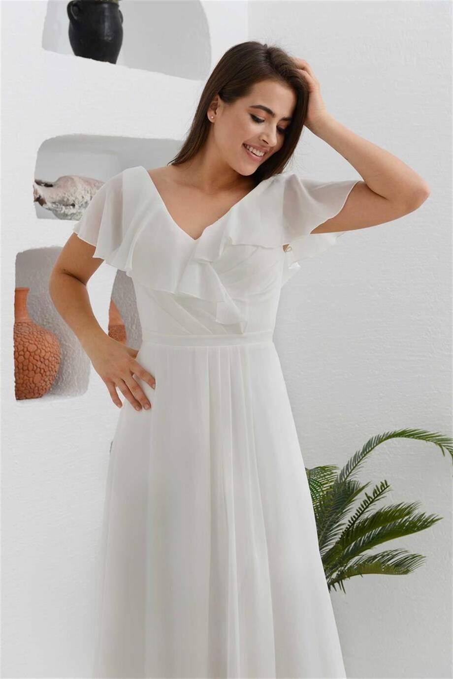 Kırık Beyaz Şifon Yırtmaçlı Uzun Nikah Elbisesi ve Dış Çekim Elbisesi
