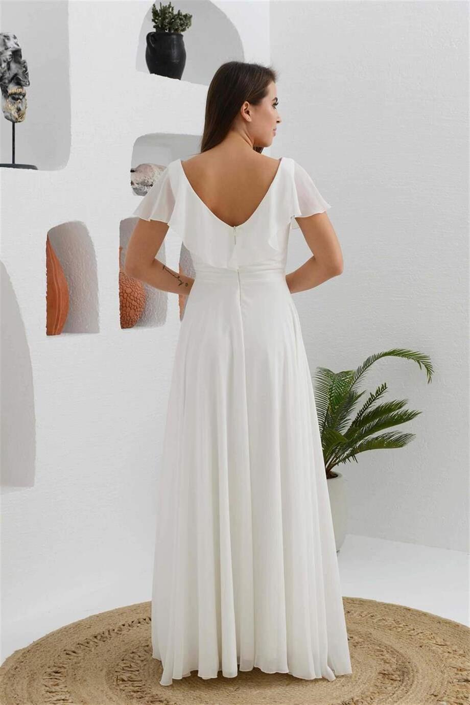 Kırık Beyaz Şifon Yırtmaçlı Uzun Nikah Elbisesi ve Dış Çekim Elbisesi