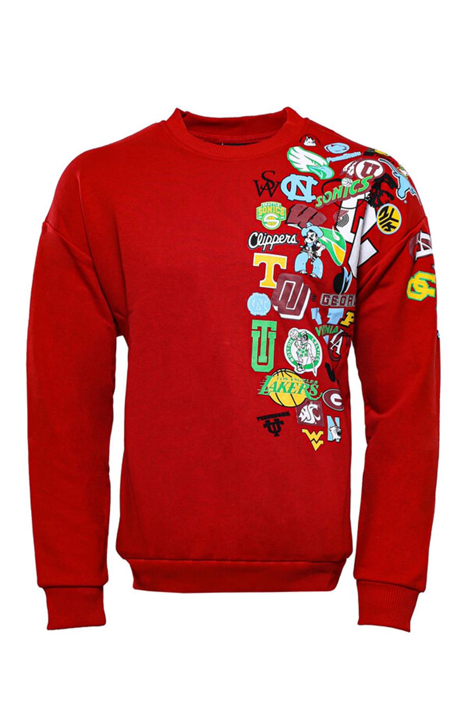 Kırmızı Baskı Detaylı Bisiklet Yaka Sweatshirt