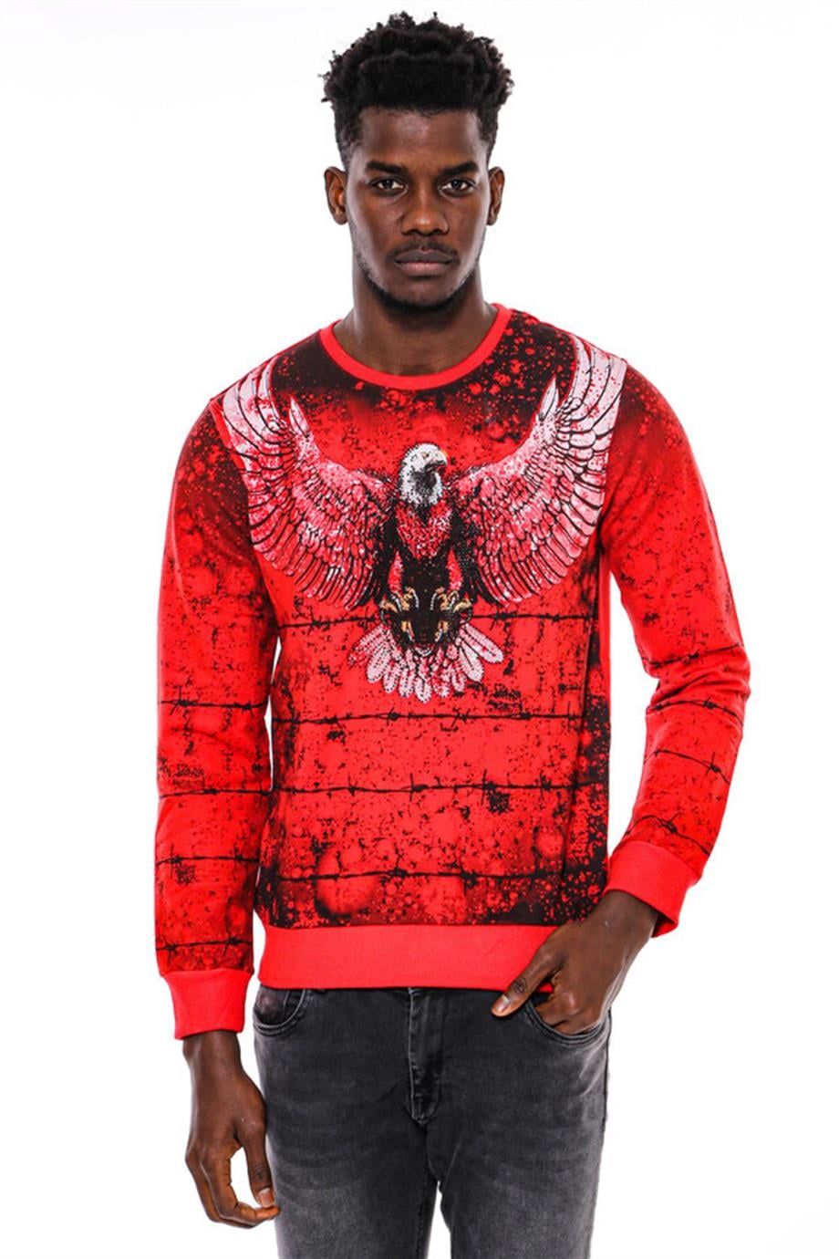 Kırmızı Baskılı Bisiklet Yaka Sweatshirt