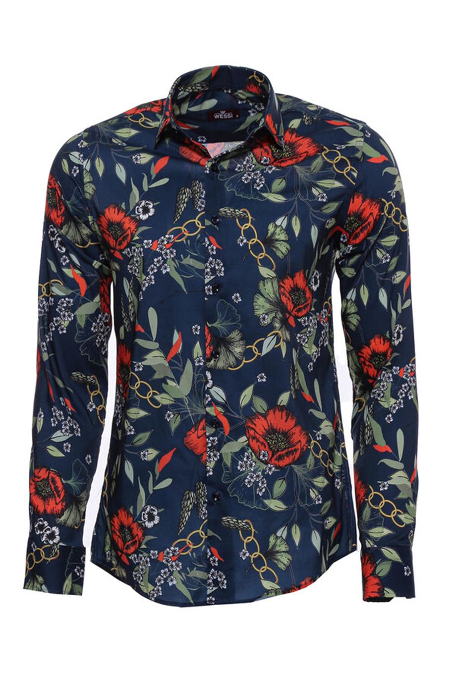 Kırmızı Çiçek Desenli Slim Fit Uzun Kollu Lacivert Erkek Gömlek