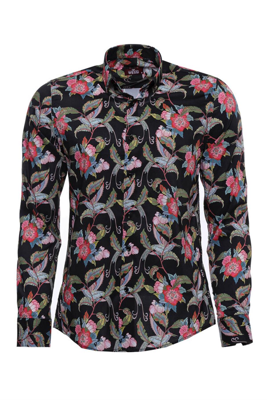 Kırmızı Kuş ve Çiçek Desenli Slim Fit Uzun Kollu Siyah Erkek Gömlek