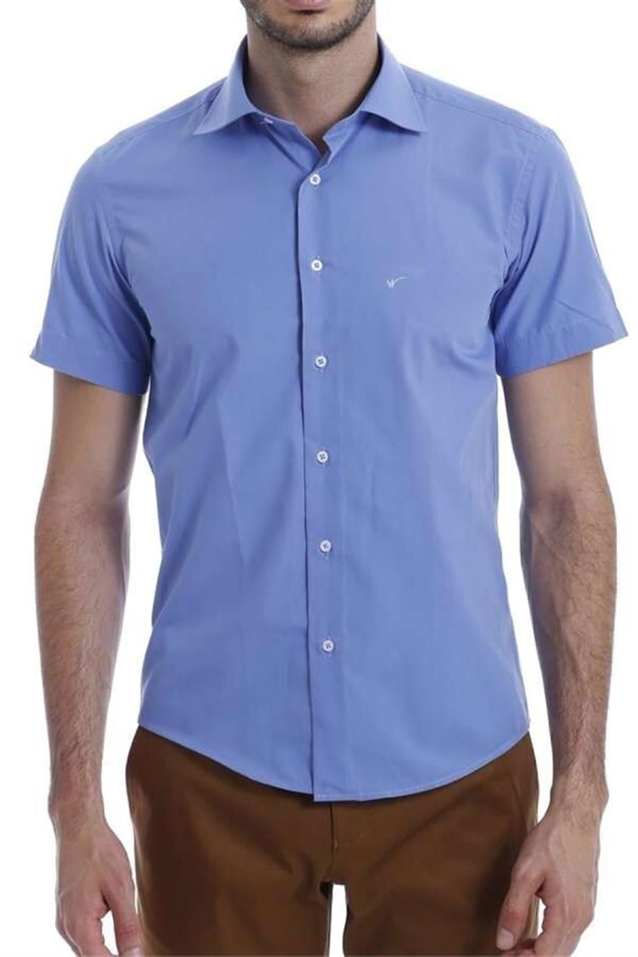Kısa Kollu Terikoton Slimfit Mavi Gömlek