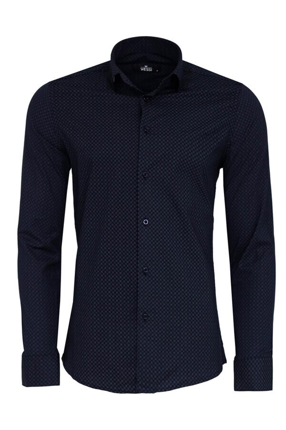Koyu Lacivert Mini Kare Desenli Slim Fit Gömlek
