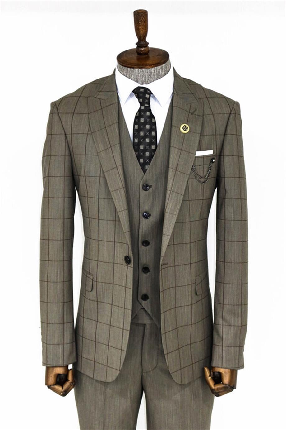Krem Ekose Desenli Yelekli Slim Fit Takım Elbise