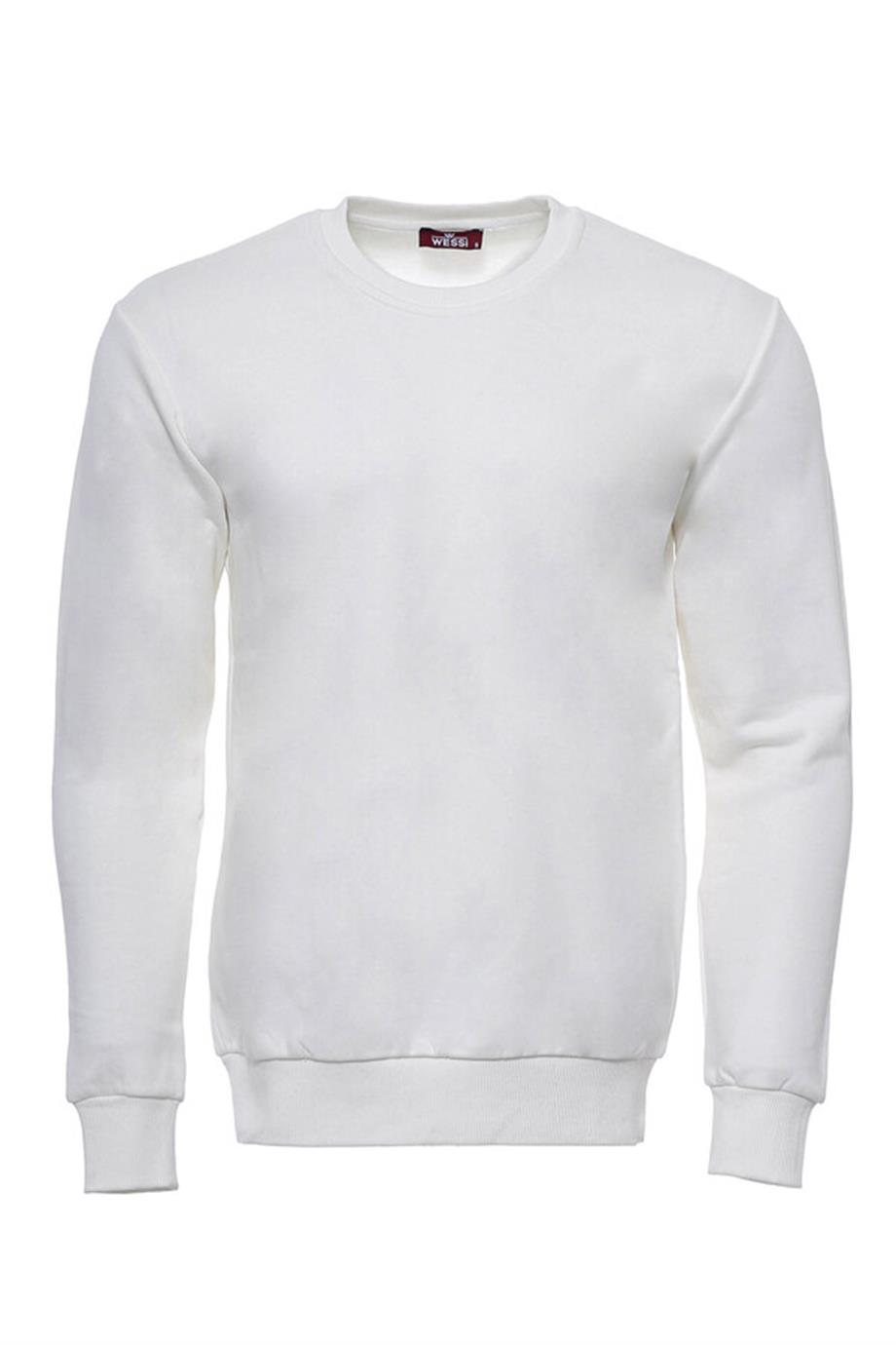 Krem Erkek Bisiklet Yaka Desensiz Sweatshirt