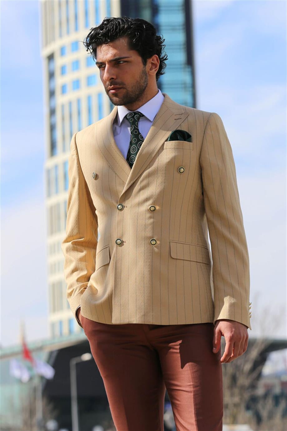 Kruvaze Slim Fit Çizgili Krem Erkek Ceket