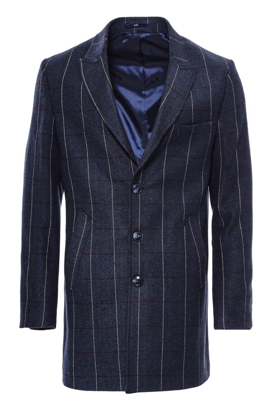 Lacivert Bordo Beyaz Çizgili Slimfit Kaban