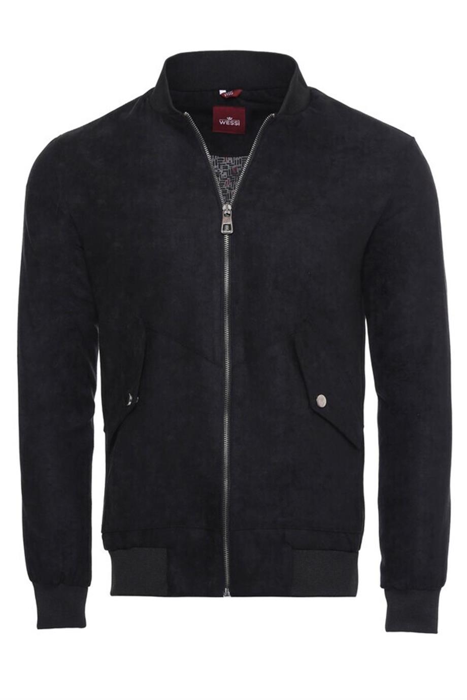 Lacivert Cepli Süet Bomber Mont