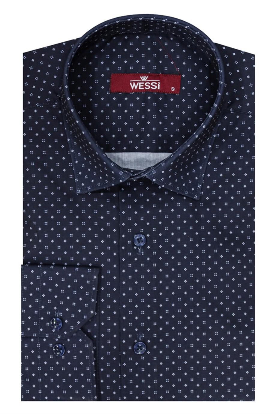 Lacivert Desenli Slim Fit Gömlek
