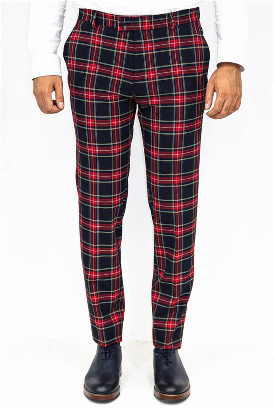 Lacivert Ekose Desenli Slim Fit Pantolon