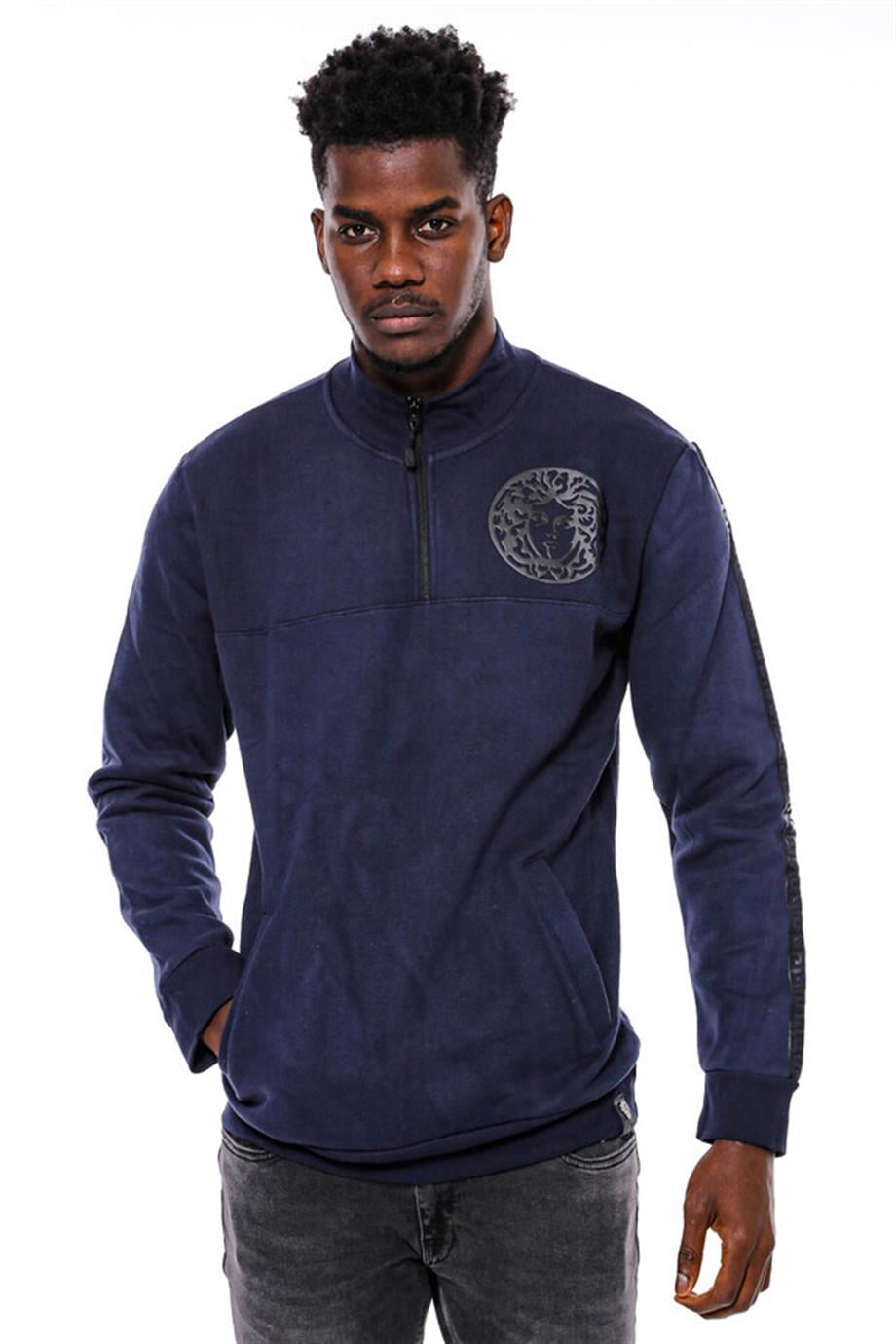 Lacivert Fermuarlı Baskılı Sweatshirt