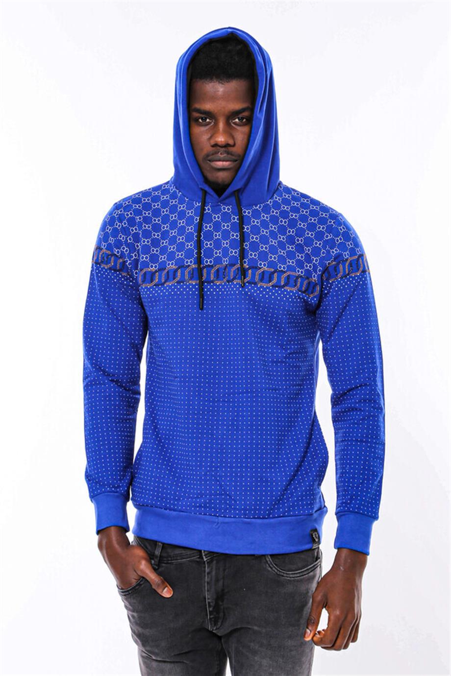 Lacivert Kapşonlu Taşlı Baskılı Desenli Sweatshirt