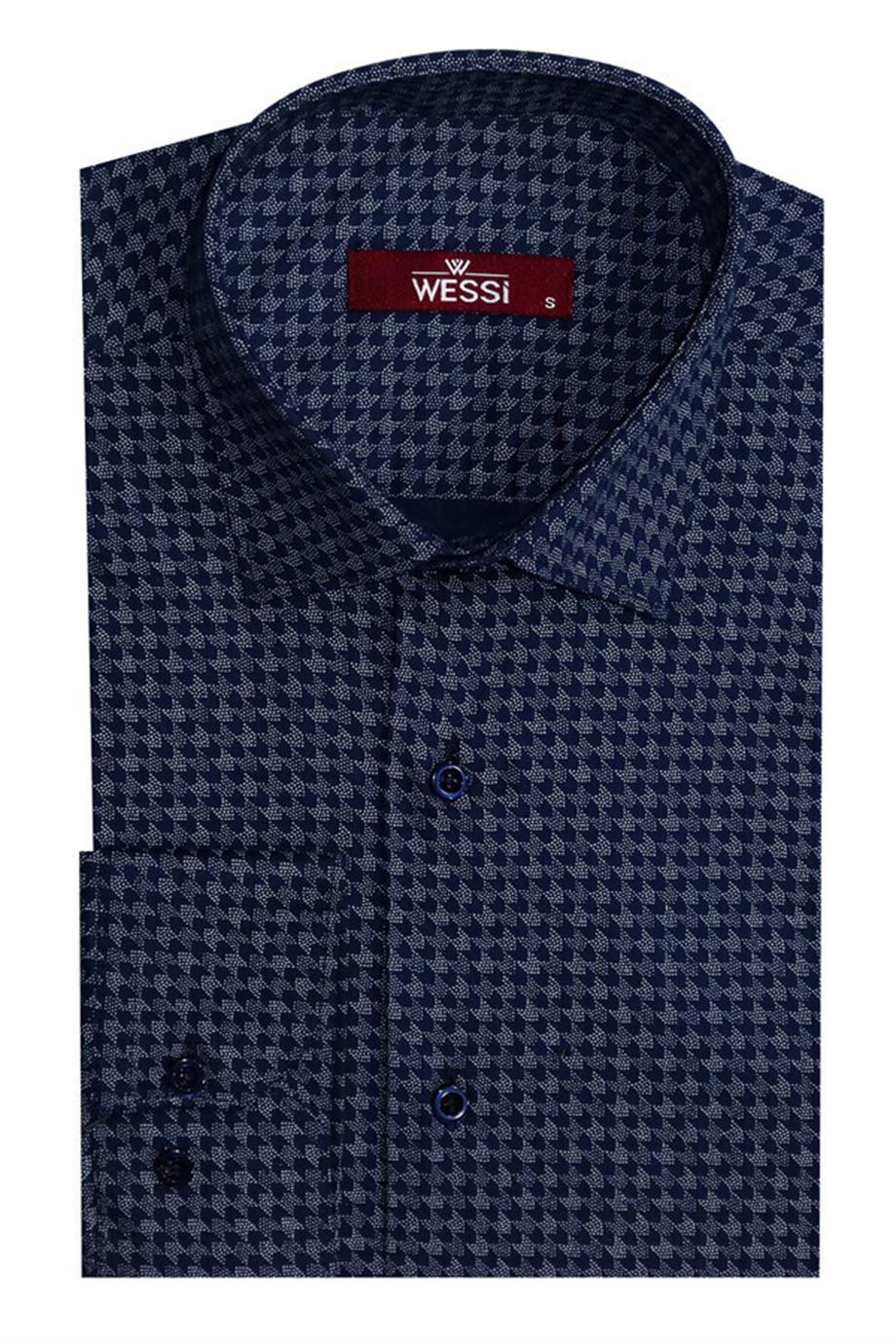 Lacivert Kaz Ayağı Desenli Slim Fit Gömlek