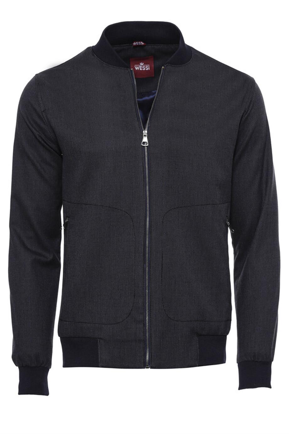 Lacivert Kendinden Desenli Bomber Mont