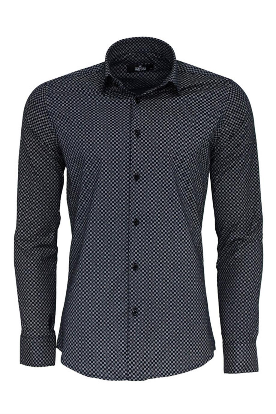 Lacivert Mini Kare Desenli Slim Fit Gömlek