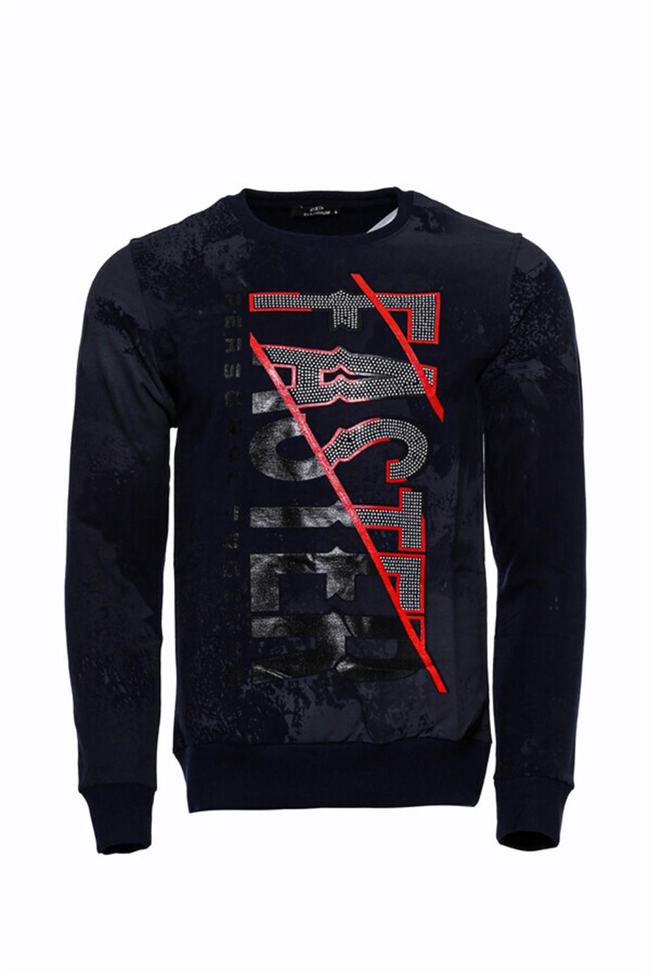 Lacivert Taşlı Baskılı Desenli Sweatshirt
