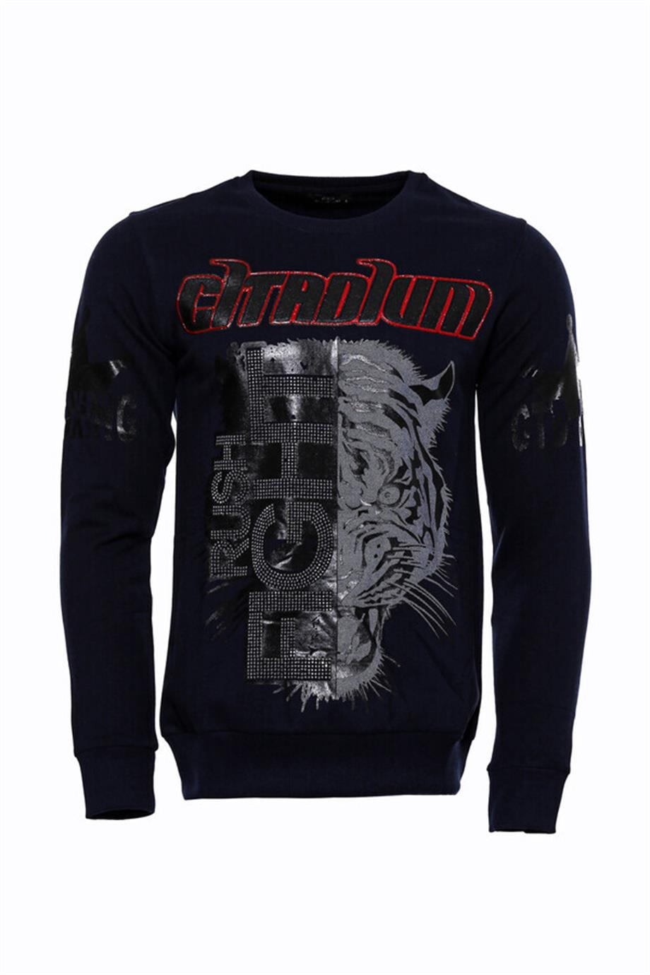 Lacivert Taşlı Baskılı Desenli Sweatshirt