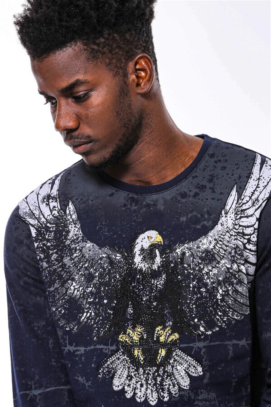 Lacivert Taşlı Desenli Sweatshirt