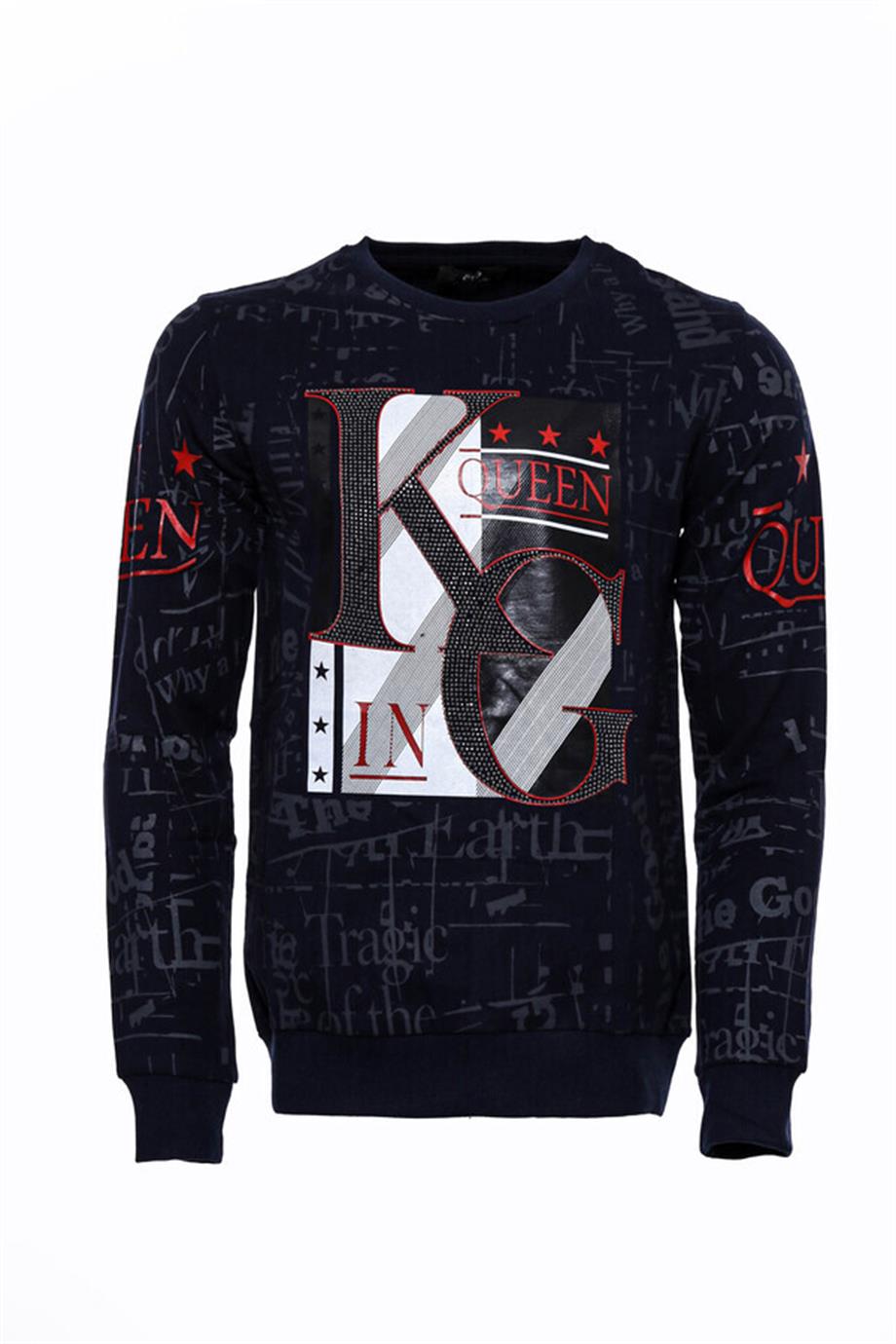 Lacivert Taşlı Desenli Sweatshirt