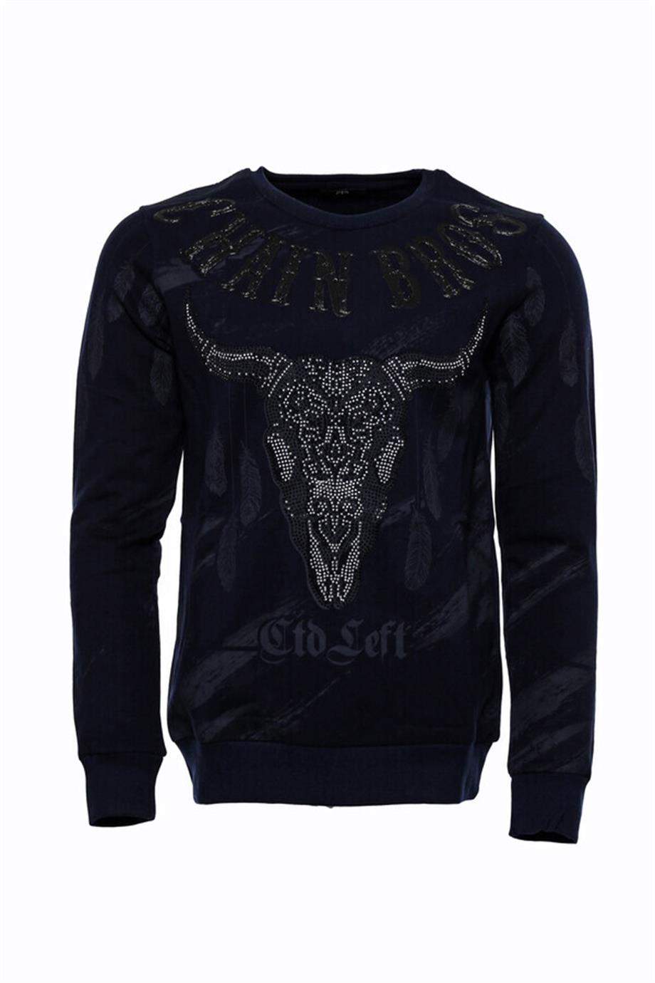 Lacivert Taşlı Desenli Sweatshirt