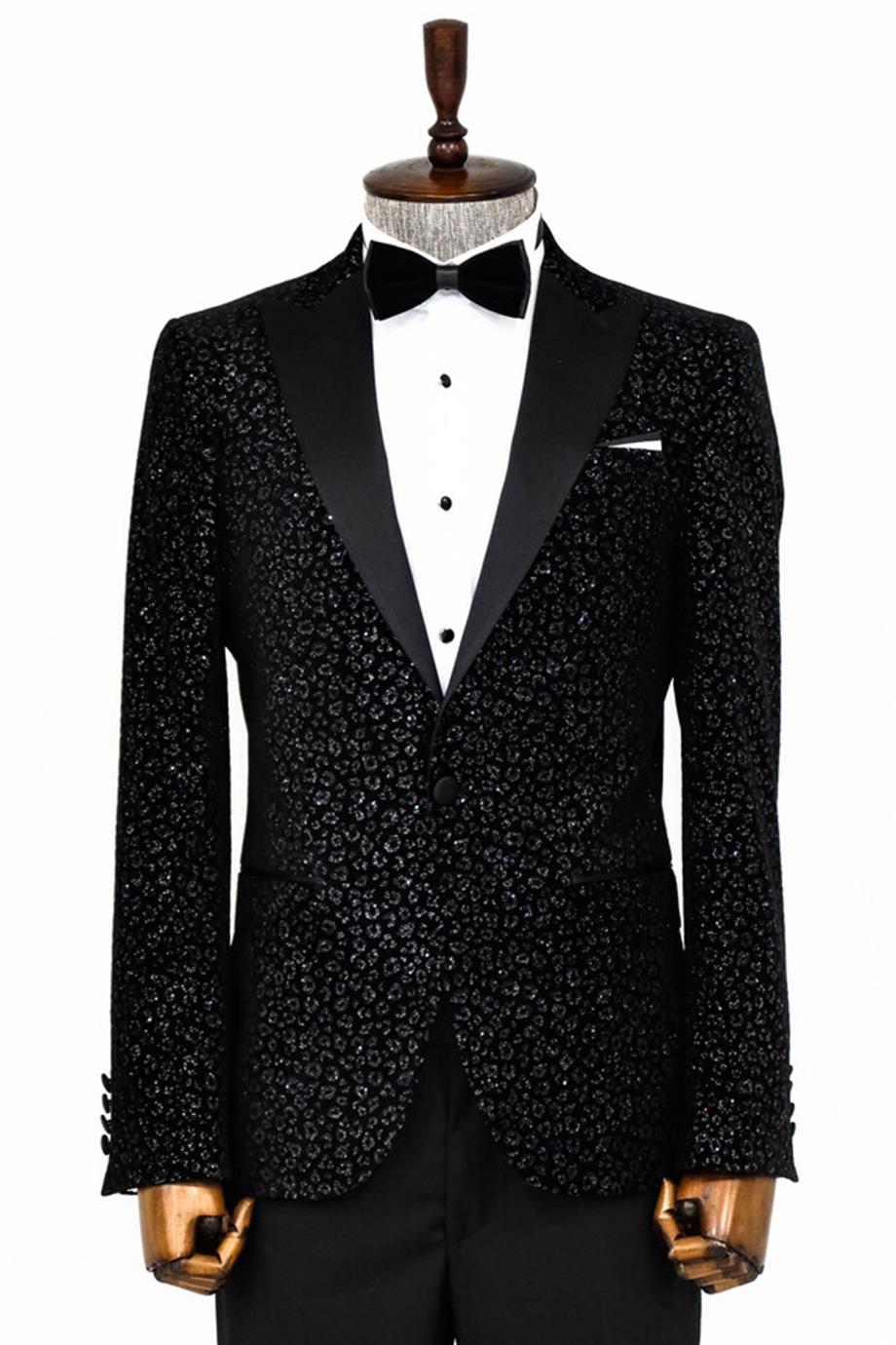 Leopar Desenli Slim Fit Siyah Erkek Smokin Ceket