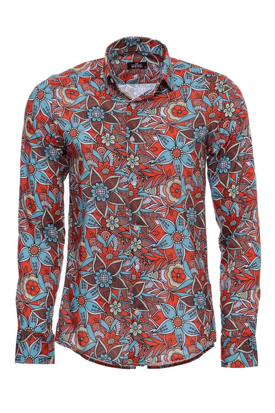 Mavi Çiçek Desenli Slim Fit Uzun Kollu Kırmızı Erkek Gömlek