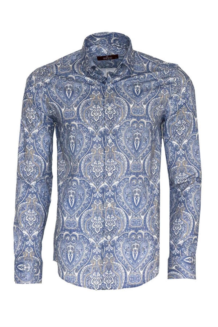Mavi Damask Desenli Slim Fit Gömlek